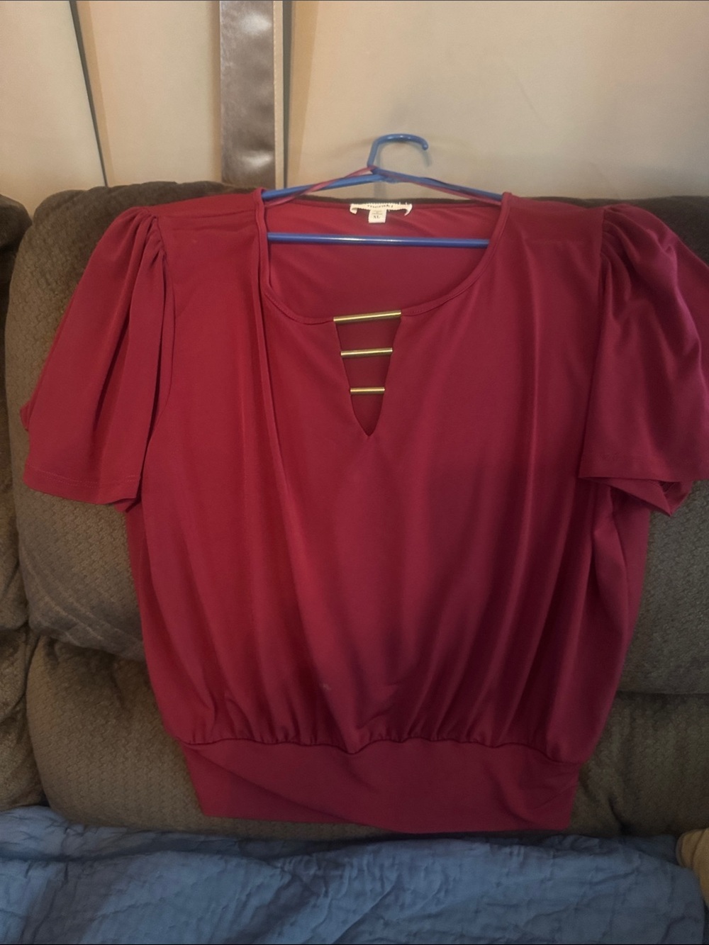 meraki Burgundy Short-Sleeve Blouse with Gold Ladder Detail